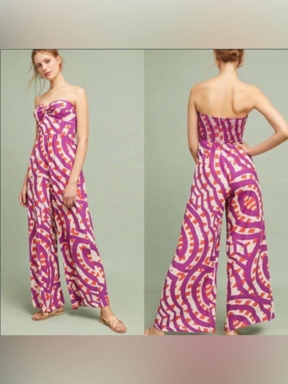 Strapless Wide-Leg Jumpsuit in Purple and Orange Print Anthropologie 16W